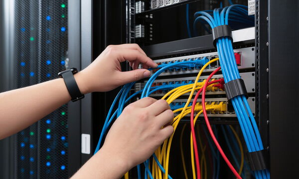 Ein Mann schließt Kabel am Rack an.