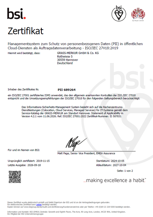 ISO/IEC Zertifikat 27018 Managementsystem - Schutz personenbezogener Daten öffentlicher Cloud-Dienste 2026 - GRASS-MERKUR