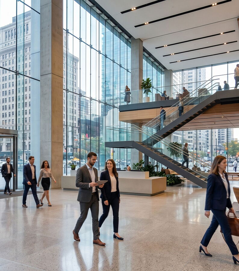 Menschen betreten ein großes Gebäude im Business Outfit