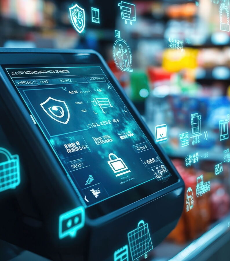 Digitalen Kasse im Supermarkt auf die verschieden Icons virtuell projiziert sind