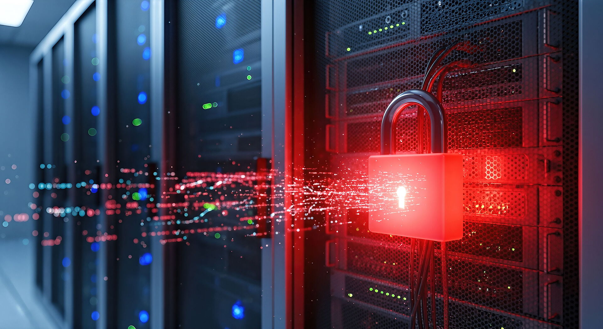 Eine Grafik mit einem roten Sicherheitsschloss vor einem Serverschrank.l