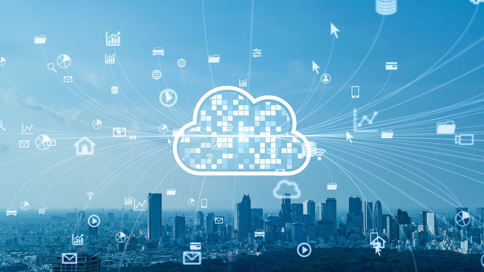 Grafik einer Cloud über einer Skyline.