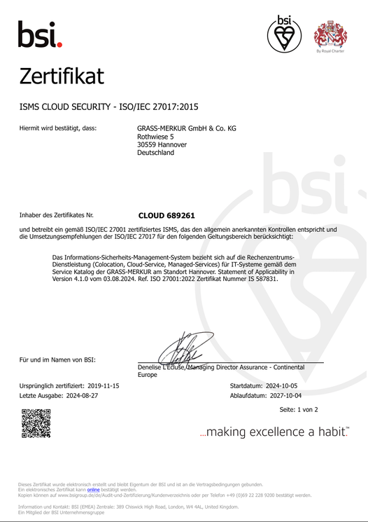 ISO/IEC Zertifikat 27017 - ISMS Cloud Security 2024 - GRASS-MERKUR
