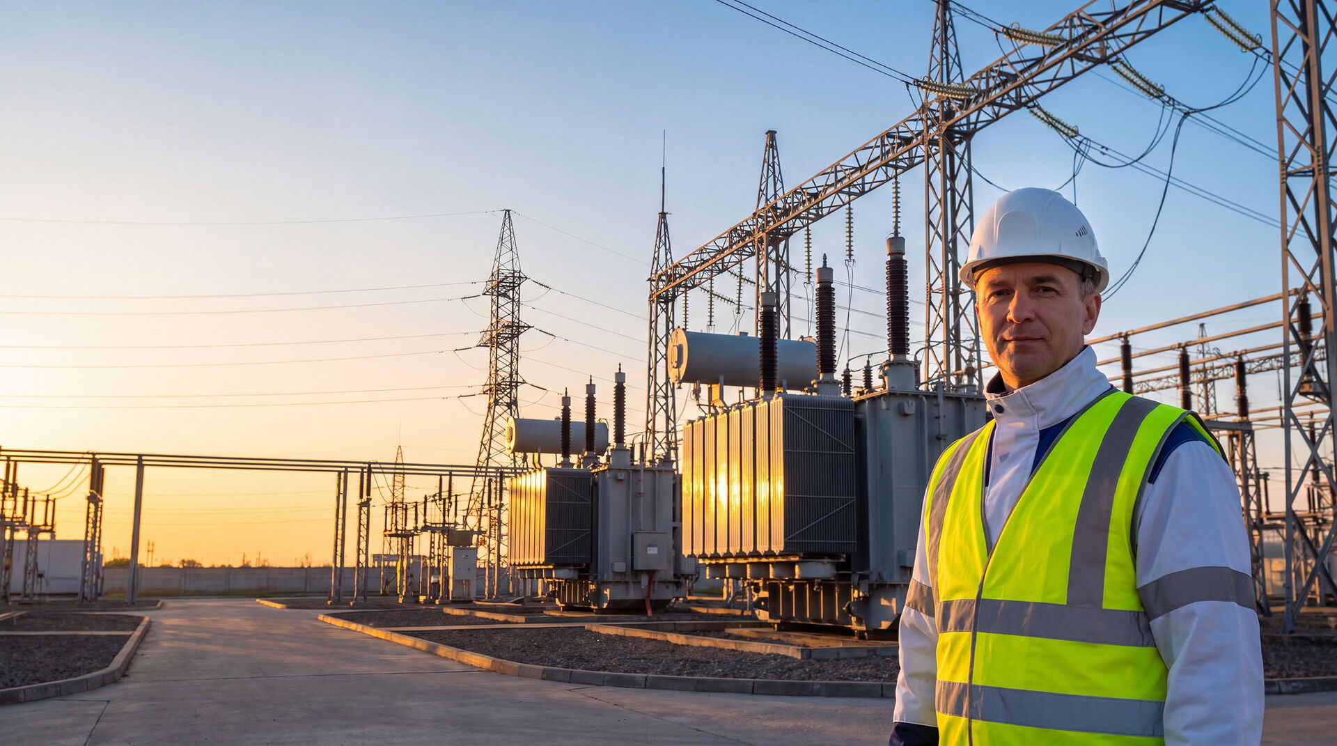 Ein Mitarbeiter eines Energieversorgers vor einem Umspannwerk