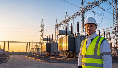 Ein Mitarbeiter eines Energieversorgers vor einem Umspannwerk