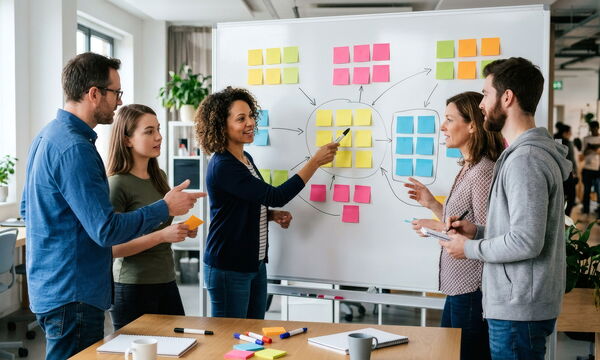 Ein junges Team arbeitet an einem Whiteboard.