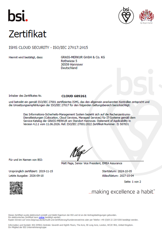 ISO/IEC 27017 Zertifikat: ISMS Cloud Security 2026 - GRASS-MERKUR