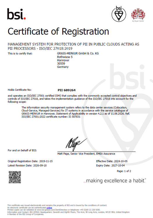 ISO/IEC 27018 Certificate: Management System - Protection of Personal Data in Public Cloud Services 2026 - GRASS-MERKUR