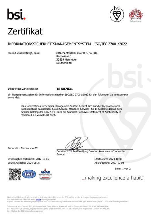 ISO Zertifikat 27001- Informationssicherheitsmanagement bsi 2024 - GRASS-MERKUR