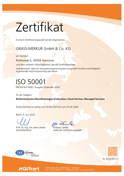 ISO Zertifikat: 50001 - Colocation, Cloud Services und Managed Services - GRASS-MERKUR