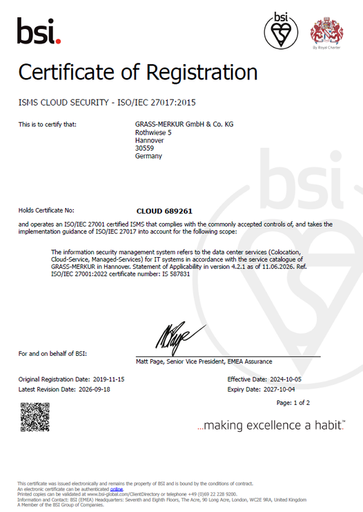 ISO/IEC 27017 Certificate: ISMS Cloud Security 2026 - GRASS-MERKUR