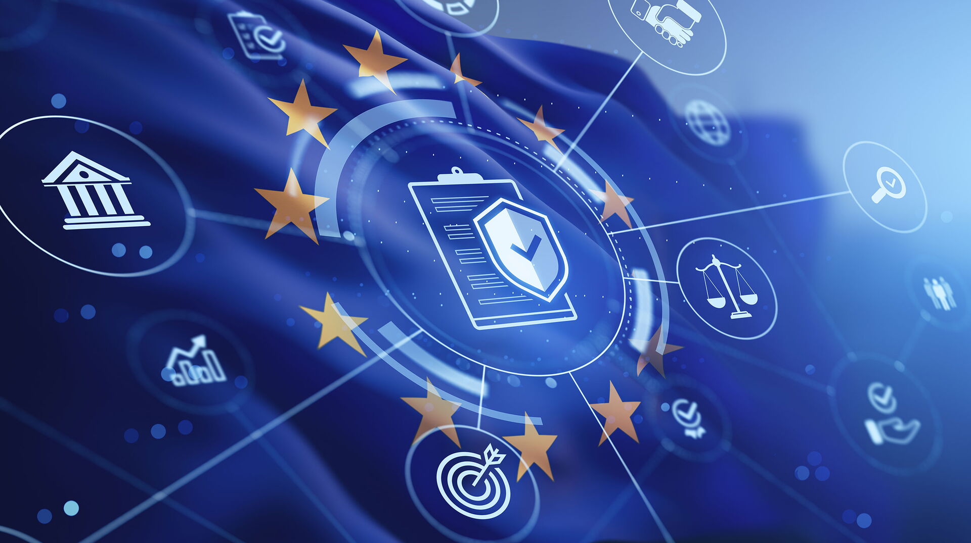 Europa Flagge mit Icons zum Thema Regulatorik und Sicherheit.