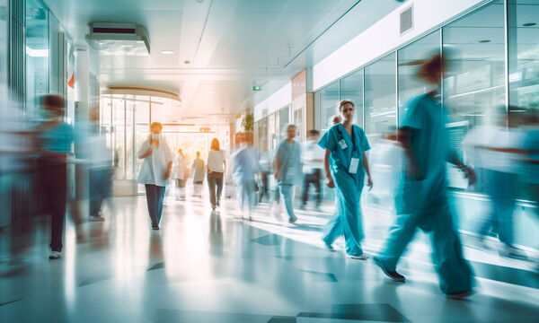 Mitarbeiter eines Krankenhauses bei der Arbeit.