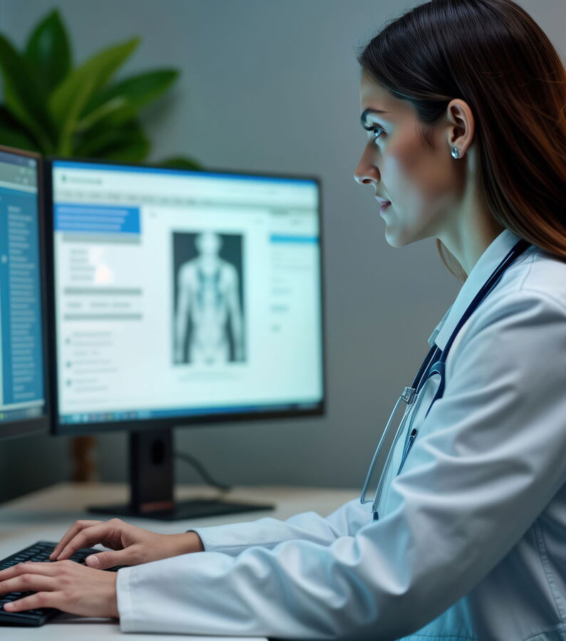 Eine Ärztin sitzt am PC und schaut sich Patientendaten an
