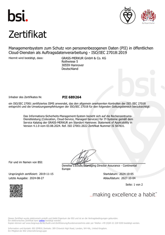 ISO/IEC Zertifikat 27018 Managementsystem - Schutz personenbezogener Daten öffentlicher Cloud-Dienste 2024 - GRASS-MERKUR