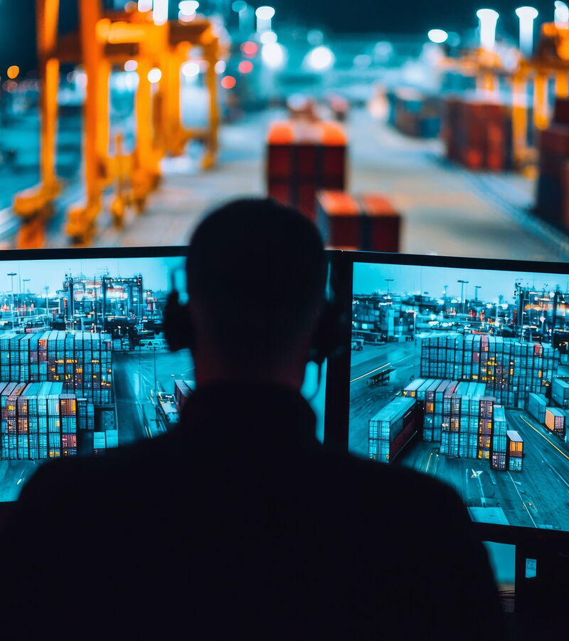 Ein Mann arbeitet an einem Computer und bearbeitet die Logistik mit einem KI-Programm.