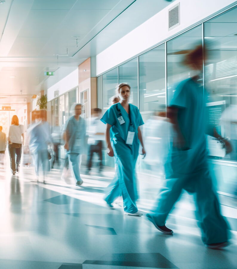 Mitarbeiter eines Krankenhauses bei der Arbeit.