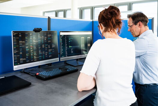 Ein Mitarbeiter und eine Mitarbeiterin von GRASS-MERKUR am PC.