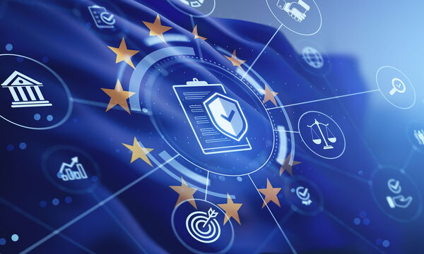 Europa Flagge mit Icons zum Thema Regulatorik und Sicherheit.